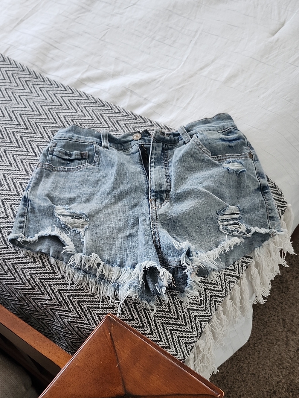 Light Wash Distressed Denim Shorts with Frayed Hem